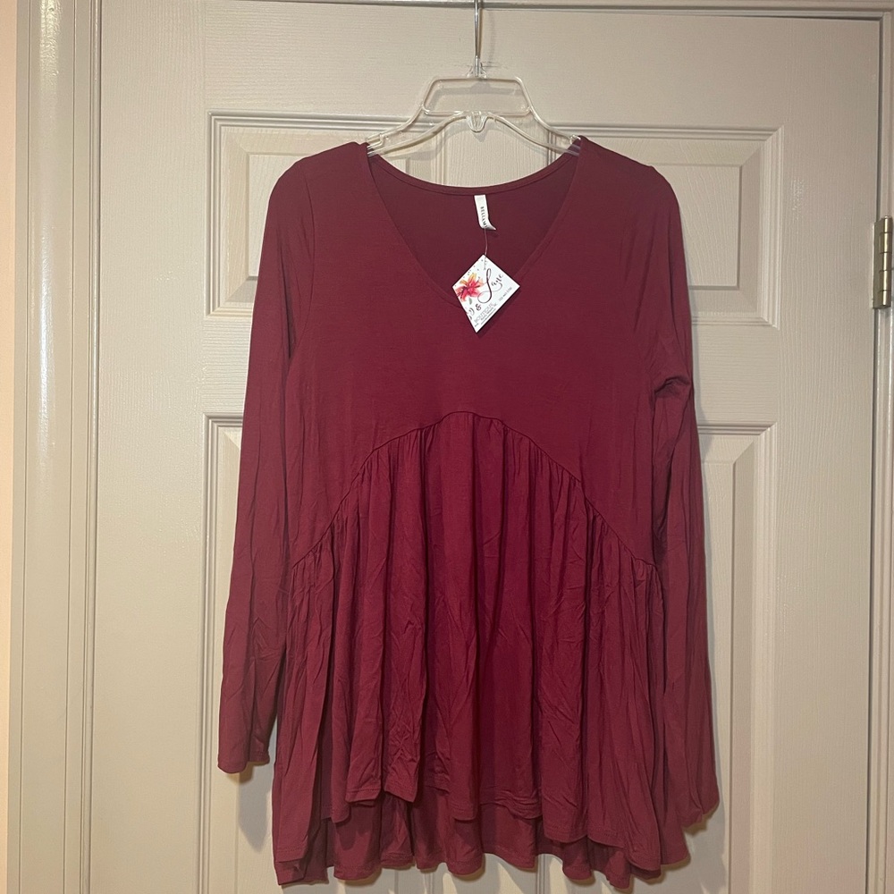 Bellamie Deep Red/Burgundy V-Neck Top, High-Low Hem, NWT, Size Medium